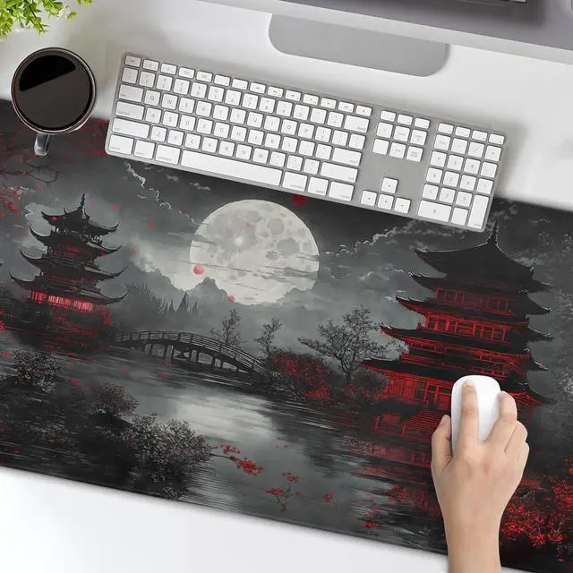 Alt view image 3 of 5 - Japanese Mouse Pad XXL 35.4 X 15.7 Inch Black Red Design Style Extended Large Gaming Mousepad Keyboard Full Desk Mat Non-Slip Rubber Base Stitched Edges for Home Office