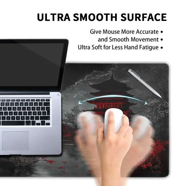 Alt view image 5 of 5 - Japanese Mouse Pad XXL 35.4 X 15.7 Inch Black Red Design Style Extended Large Gaming Mousepad Keyboard Full Desk Mat Non-Slip Rubber Base Stitched Edges for Home Office