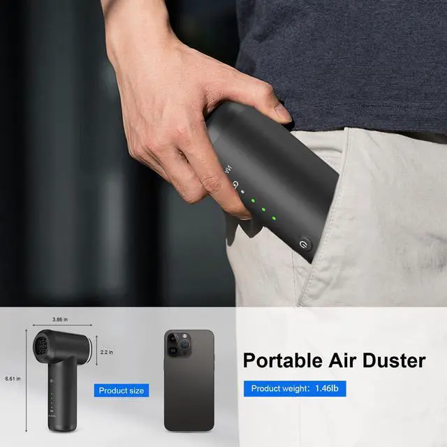 Alt view image 2 of 5 - VLAIAN Compressed Air Duster,6000mAH 160000RPM Electric Air Duster,3-Speed Adjustable Mini Air Blower with Brushless Motor,2 in 1 Compressed Air Can for Keyboard PC Car Home