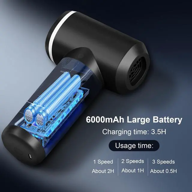 Alt view image 3 of 5 - VLAIAN Compressed Air Duster,6000mAH 160000RPM Electric Air Duster,3-Speed Adjustable Mini Air Blower with Brushless Motor,2 in 1 Compressed Air Can for Keyboard PC Car Home
