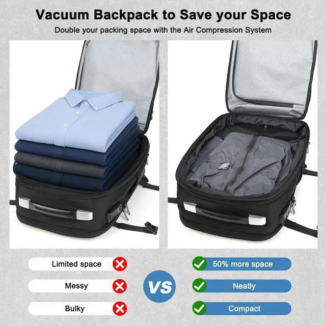 Alt view image 3 of 5 - Vacuum Seal Backpack Travel, 60L Expandable Compression Backpacks with Vacuum System, TSA Lock & Anti-theft Pocket, Carry-On Suitcase Luggage fits 17" Laptop - Vacuum Pump Included (Black)