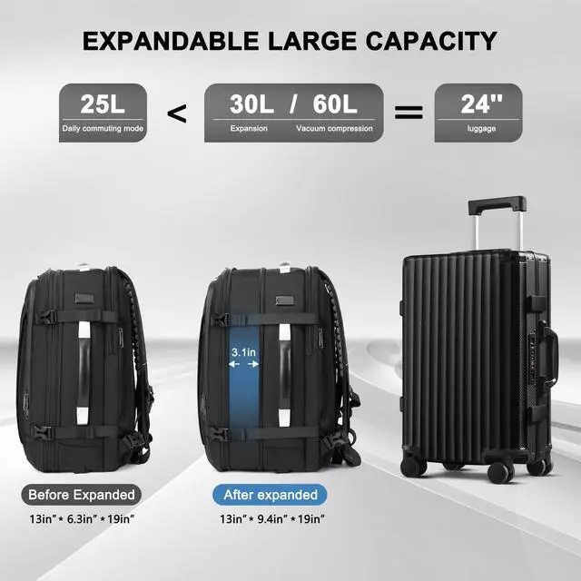 Alt view image 5 of 5 - Vacuum Seal Backpack Travel, 60L Expandable Compression Backpacks with Vacuum System, TSA Lock & Anti-theft Pocket, Carry-On Suitcase Luggage fits 17" Laptop - Vacuum Pump Included (Black)