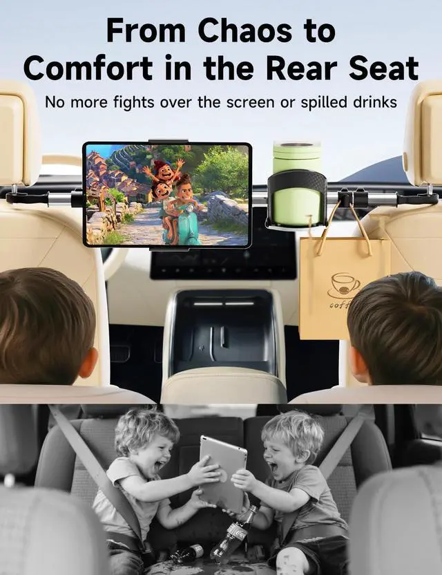 Alt view image 2 of 5 - Upgraded Car Backseat Tablet Holder for iPad with Cup Mount, Headrest Tablet Stand for Back Seat Kid Entertainment Compatible with iPad Pro Air, Galaxy Tab, Kindle Fire HD or Other 6.111" Device