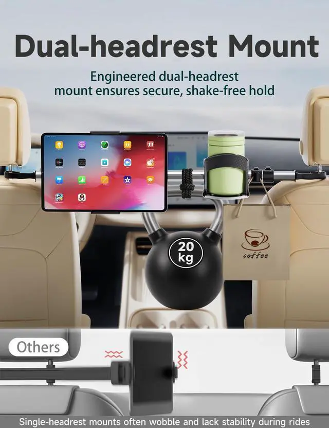 Alt view image 3 of 5 - Upgraded Car Backseat Tablet Holder for iPad with Cup Mount, Headrest Tablet Stand for Back Seat Kid Entertainment Compatible with iPad Pro Air, Galaxy Tab, Kindle Fire HD or Other 6.111" Device