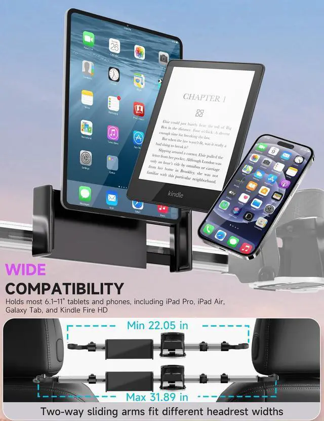 Alt view image 4 of 5 - Upgraded Car Backseat Tablet Holder for iPad with Cup Mount, Headrest Tablet Stand for Back Seat Kid Entertainment Compatible with iPad Pro Air, Galaxy Tab, Kindle Fire HD or Other 6.111" Device
