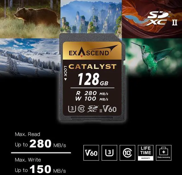 Alt view image 3 of 5 - Exascend 128 GB / 256 GB Catalyst SD Card, C10, U3, V60, up to 280MB/s, Compatible with Canon, Nikon, Panasonic and Other Cameras. (128GB)