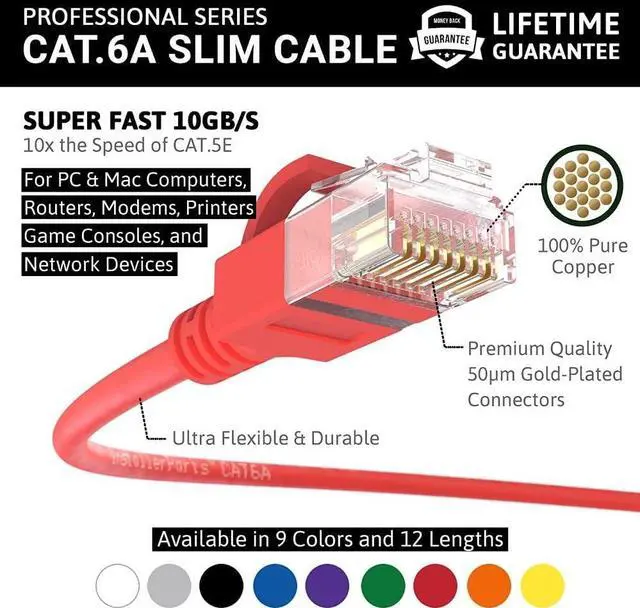 Alt view image 2 of 5 - InstallerParts Ethernet Cable CAT6A Slim Cable UTP Booted 2 FT (10 Pack) - Red - Professional Series - 10Gigabit/Sec Network/High Speed Internet Cable, 550MHZ, 28AWG