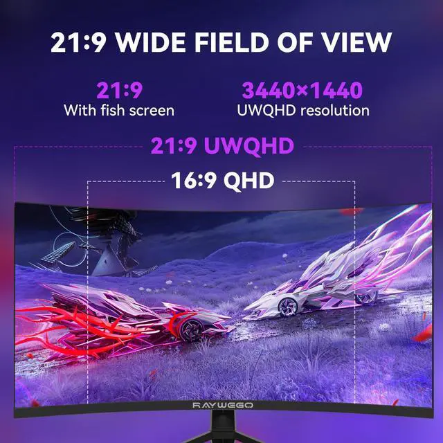 Alt view image 4 of 5 - Raywego 34 Inch Ultrawide Curved Monitor Gaming,21:9 WQHD 3440x1440p 165Hz Monitor with RGB Backlight,PIP/PBP,127% sRGB,Crosshair/Timer/FPS/RTS,FreeSync HDMI 2.0 x2 & DP1.4 x 2