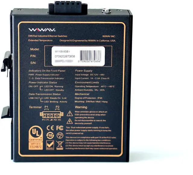 Alt view image 4 of 5 - WIWAV W1105-5GE-I 10/100/1000Mbps Unmanaged 5-Port Gigabit Industrial Ethernet Switches with DIN Rail/Wall-Mount (UL Listed, IP40, -40 to 85°C)