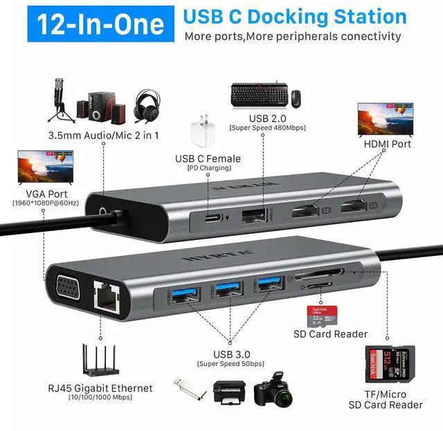 Alt view image 2 of 5 - USB C Docking Station,12 in 1 Displaylink USB 3.0 to USB-C Dock Dual Monitor with HDMI,VGA,USB A 3.0,PD3.0, Laptop Docking Station for MacBook Pro&Air/M1/M2/M3/HP and More USB Ports Laptops