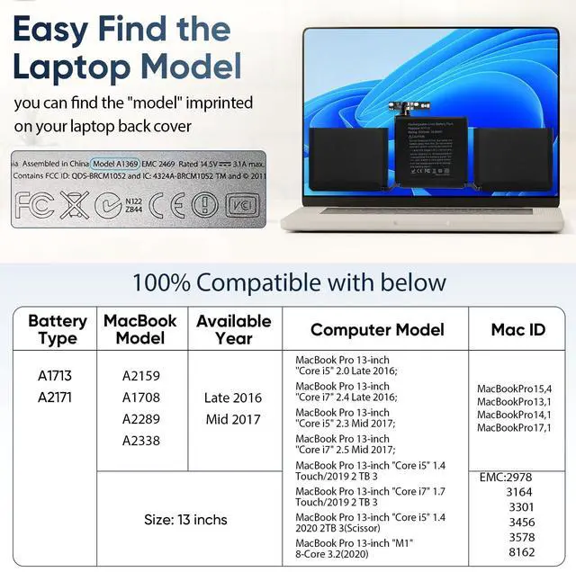 Alt view image 2 of 5 - A1708 Battery Replacement for MacBook Pro 13 inch A1708(Late 2016, Mid 2017) A2159(2019) A2289(2020) A2338(2020,2022) A1713 A2171 Battery