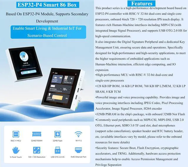 Alt view image 2 of 5 - ESP32-P4 Smart 86 Box Development Board, ESP32-P4 Chip Onboard 4inch IPS 720 x720 Pixel Touch Display, Support AI Voice Interaction, with RS485, RJ45 Ethernet Port, 2-CH Relay Interfaces