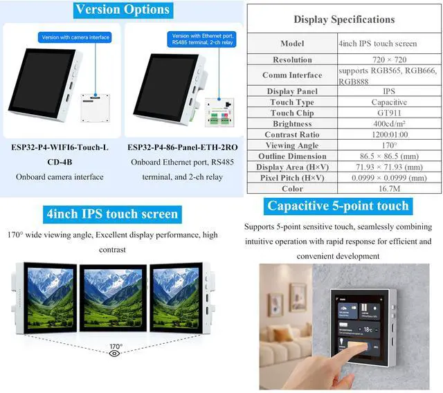 Alt view image 3 of 5 - ESP32-P4 Smart 86 Box Development Board, ESP32-P4 Chip Onboard 4inch IPS 720 x720 Pixel Touch Display, Support AI Voice Interaction, with RS485, RJ45 Ethernet Port, 2-CH Relay Interfaces
