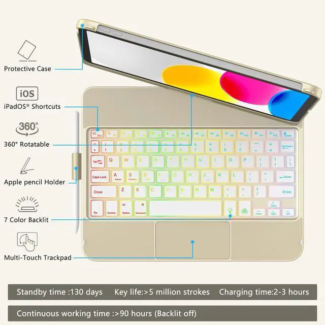 Alt view image 4 of 5 - for iPad A16 11th Generation/10th Generation Case with Keyboard,Touch Keyboard for iPad 11" /10th Gen 10.9 inch 2022-10 Color Backlight, 360° Rotatable Protective Cover (Rock Grey)