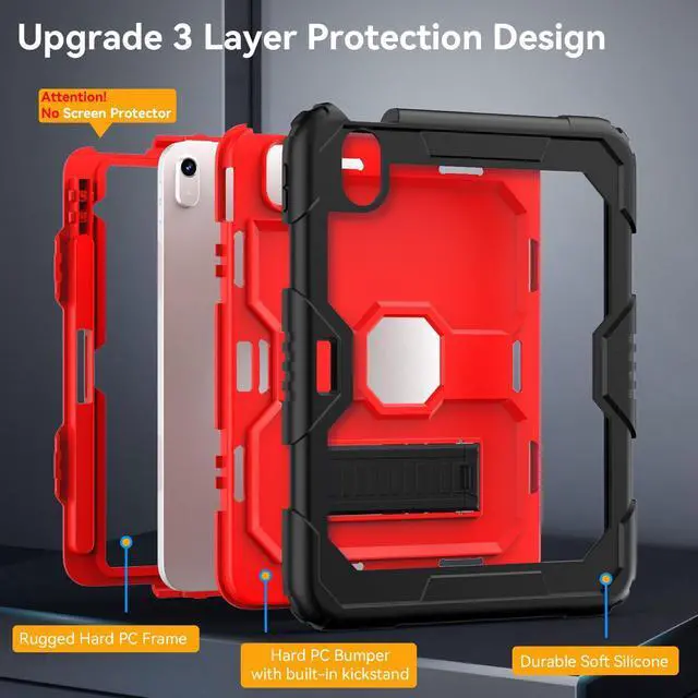 Alt view image 3 of 5 - MARIWIVI Case for iPad (A16) 11th Gen 11 inch 2025/ i Pad 10th Generation 10.9 inch 2022 with Pencil Holder/Built-in Stand, Shockproof Rugged Protective Cover for iPad 11th/ 10th Gen (Black+Red)