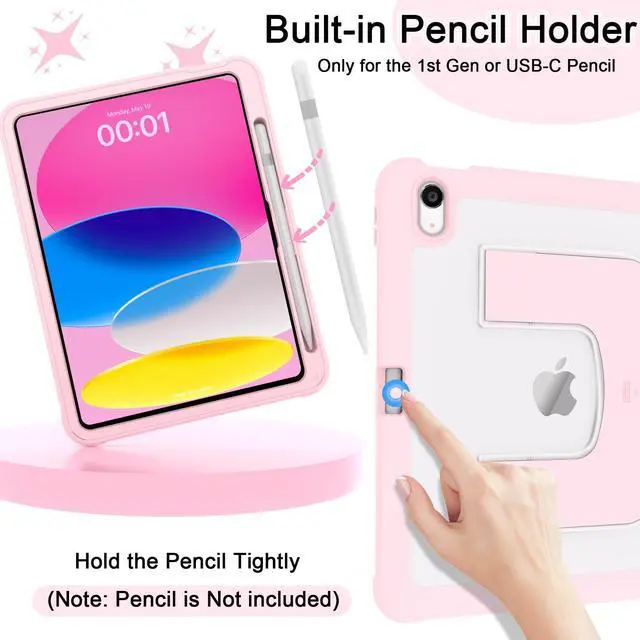 Alt view image 4 of 5 - CCMAO Case for iPad (A16) 11th/10th (2025/2022), Shockproof Protective Lightweight iPad Cover with Pencil Holder, Kickstand, Transparent Hard PC Back Cover, Cute Case for, Kids, Women, Light Pink