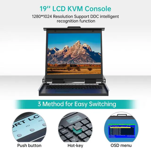 Alt view image 4 of 5 - MT-VIKI Rack KVM Switch w/ 19'' LCD Monitor, Rackmount KVM Monitor Console Drawer+Keyboard+Touchpad+8 VGA Cable, Support OSD/Hotkey/Button Switch, 1280X1024@60H