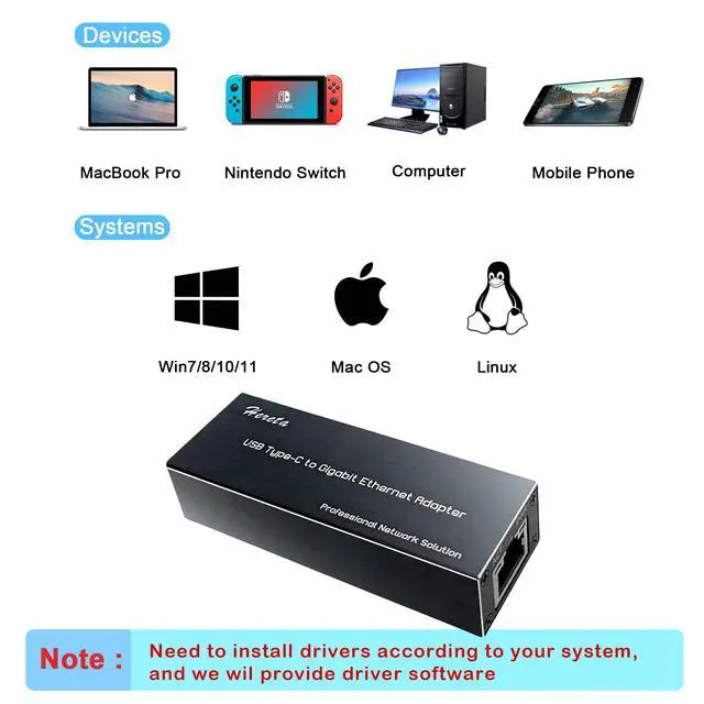 Alt view image 2 of 5 - Hereta USB C to Ethernet Adapter,1Gbps Type-C 3.0 to RJ45 Ethernet LAN Network Adapter compatiable with MacOS,Windows XP, Vista,7,8,8.1,10,11,Linux,UEFI UNDI,Alluminum Case,USB Bus Powered,Plug & Play