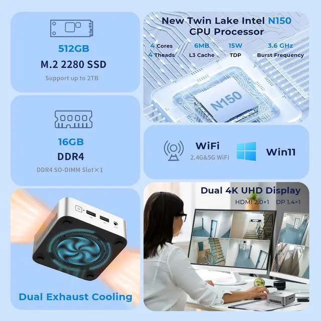 Alt view image 2 of 5 - MegaPC Mini PC 16GB DDR4 512G SSD Twin Lake N150 Windows 11, 4K Dual display HDMI+DP+2xUSB 3.2+2xUSB 2.0+WiFi,BT, Small PC Desktop for Business Home Office Mini PC-D01