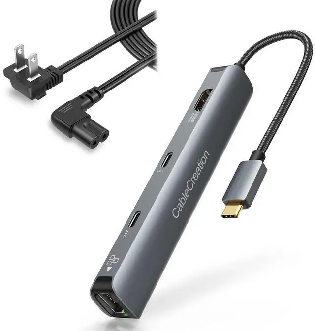 Main image of CableCreation 6-in-1 USB-C Hub with 4K 60HZ HDMI + 10 Feet 2-Slot Non-Polarized Angle Power Cord
