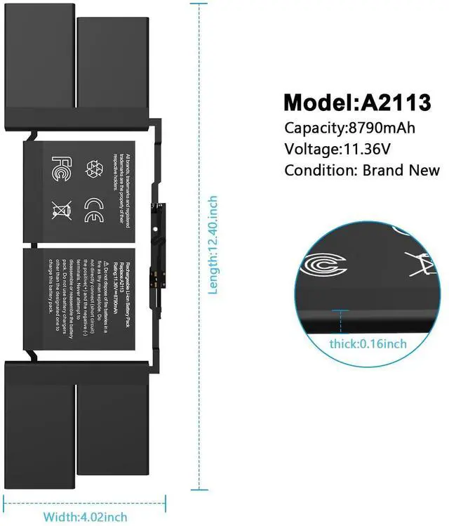 Alt view image 2 of 5 - 11.36V 8790mAh A2141 A2113 Battery Compatible for MacBook Pro 16 inch Retina Series (Year 2019 2020) EMC 3347, MVVL2 MVVL2LL/A; MVVM2 MVVM2LL/A; MVVJ2 MVVJ2LL/A; MVVK2 MVVK2LL/A
