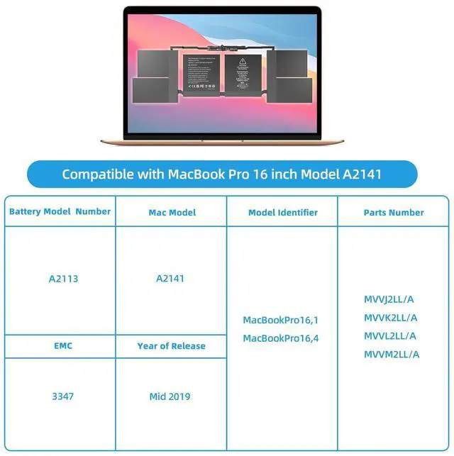 Alt view image 4 of 5 - 11.36V 8790mAh A2141 A2113 Battery Compatible for MacBook Pro 16 inch Retina Series (Year 2019 2020) EMC 3347, MVVL2 MVVL2LL/A; MVVM2 MVVM2LL/A; MVVJ2 MVVJ2LL/A; MVVK2 MVVK2LL/A