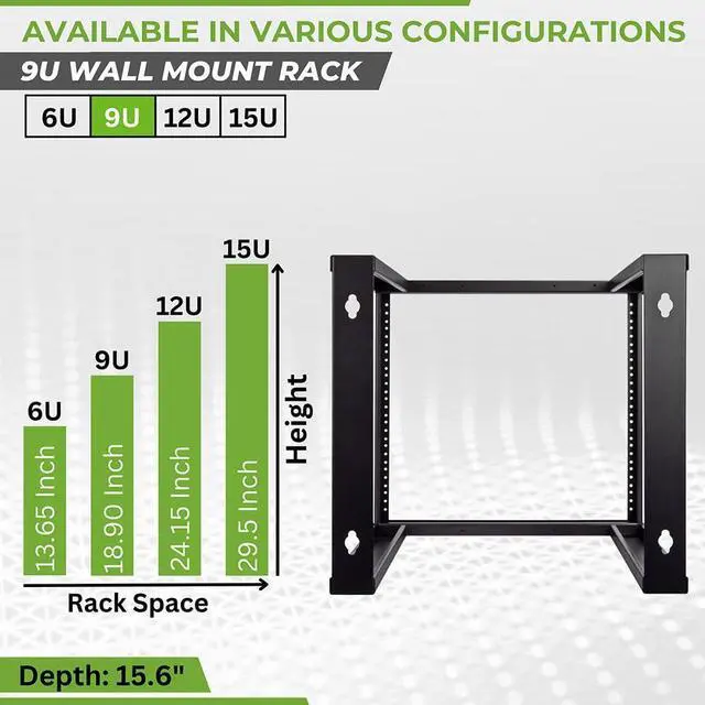 Alt view image 3 of 5 - NavePoint 9U Open Frame Wall Mount Server Rack for 19" Networking IT Equipment & A/V, 12-24 Threaded, Compatible with 2-Post Mounting, Black
