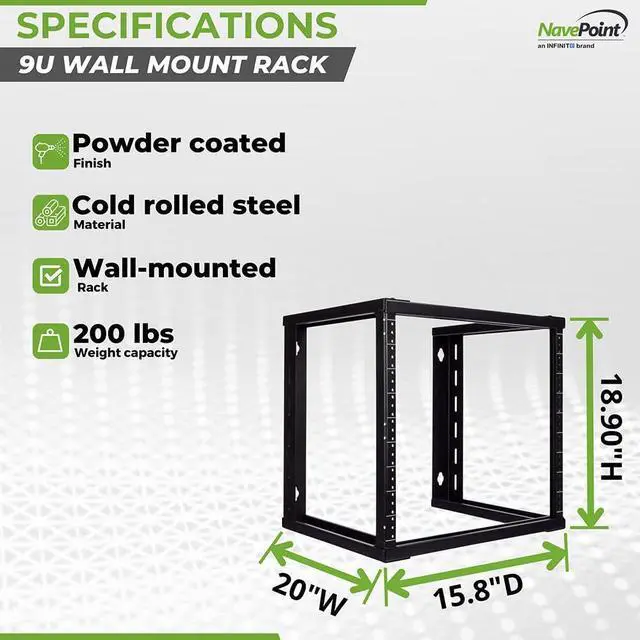 Alt view image 4 of 5 - NavePoint 9U Open Frame Wall Mount Server Rack for 19" Networking IT Equipment & A/V, 12-24 Threaded, Compatible with 2-Post Mounting, Black