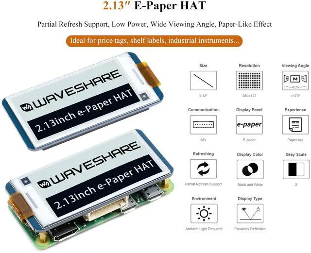 Alt view image 2 of 5 - 2.13inch E-Ink Display HAT V4 Version Compatible with Raspberry Pi 5/ 4B/3B+/3B/2B/A+/Zero W/Zero 2 W/Pico W/Pico 2WJetson Nano, 250x122 Pixel e-Paper HAT, SPI Interface, Support Partial Refresh