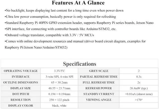 Alt view image 3 of 5 - 2.13inch E-Ink Display HAT V4 Version Compatible with Raspberry Pi 5/ 4B/3B+/3B/2B/A+/Zero W/Zero 2 W/Pico W/Pico 2WJetson Nano, 250x122 Pixel e-Paper HAT, SPI Interface, Support Partial Refresh