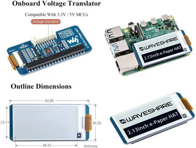 Alt view image 5 of 5 - 2.13inch E-Ink Display HAT V4 Version Compatible with Raspberry Pi 5/ 4B/3B+/3B/2B/A+/Zero W/Zero 2 W/Pico W/Pico 2WJetson Nano, 250x122 Pixel e-Paper HAT, SPI Interface, Support Partial Refresh
