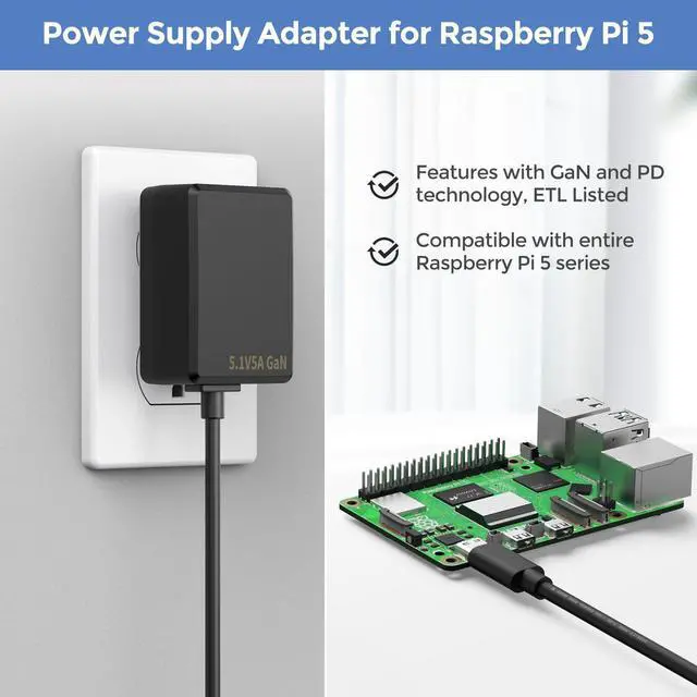 Alt view image 2 of 5 - InnoMaker 27W Power Supply Adapter for Raspberry Pi 5, USB-C 5.1V/5A PD Power Supply for Raspberry Pi 5, GaN PD Power Supply Unit (PSU27W-US-Black)