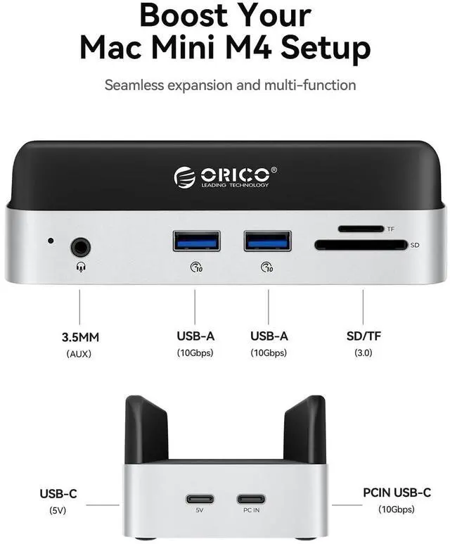 Alt view image 3 of 5 - ORICO MiniDock Mac mini M4 Dock and Stand with 2TB M.2 SSD, 2xUSB A 10Gbps, SD/TF Card Slots, 3.5mm Audio, for Mac mini M4 and M4 Pro 2024(VSE-2TB)