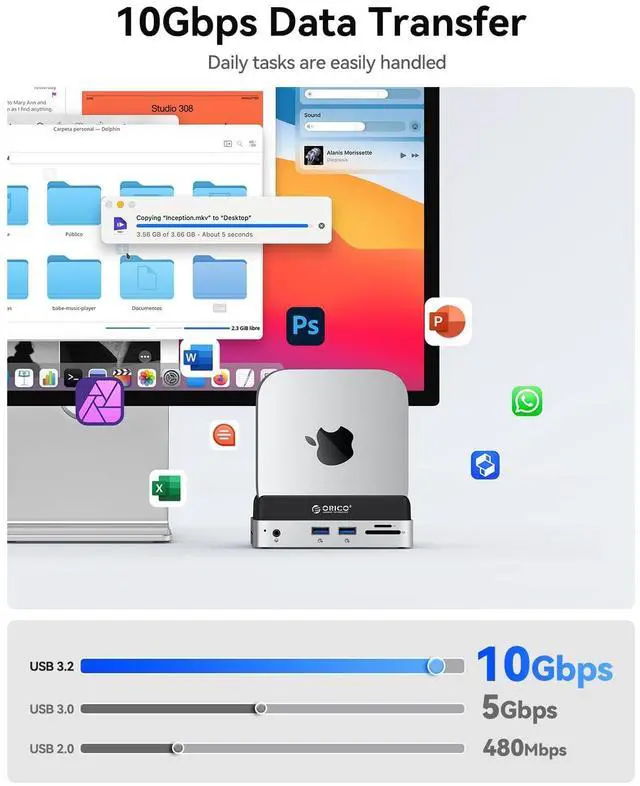 Alt view image 4 of 5 - ORICO MiniDock Mac mini M4 Dock and Stand with 2TB M.2 SSD, 2xUSB A 10Gbps, SD/TF Card Slots, 3.5mm Audio, for Mac mini M4 and M4 Pro 2024(VSE-2TB)