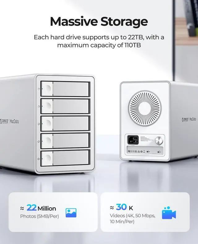 Alt view image 3 of 5 - ORICO Daisy-Chain 5-Bay Hard Drive Enclosure External USB 3.2 Gen 2 Aluminum Das Enclosure Support 22TB and Expansion Max Up to 330TB for 3.5-inchs HDD -9958C3