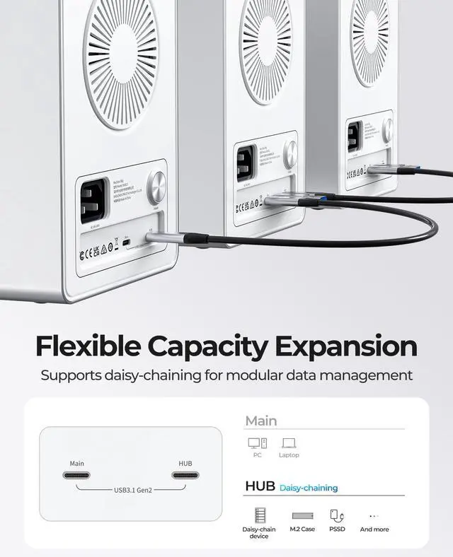 Alt view image 5 of 5 - ORICO Daisy-Chain 5-Bay Hard Drive Enclosure External USB 3.2 Gen 2 Aluminum Das Enclosure Support 22TB and Expansion Max Up to 330TB for 3.5-inchs HDD -9958C3