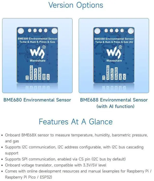 Alt view image 4 of 5 - Waveshare BME680 Environmental Sensor, Compatible with Raspberry Pi 5/4B/3B/Zero/Zero W/Zero 2W/Pico/Pico W/Pico WH, Supports Temperature/Humidity/Barometric Pressure/Gas Detection