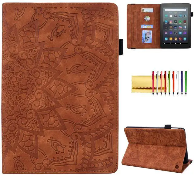 Main image of Case for Amazon Fire 7" 2022 12th Generation, Techcircle Mandala Embossed PU Leather Folio Stand Soft TPU Back Cover Slim Lightweight Elastic Band Protective Case with Card Slots & Pen Holder, Brown