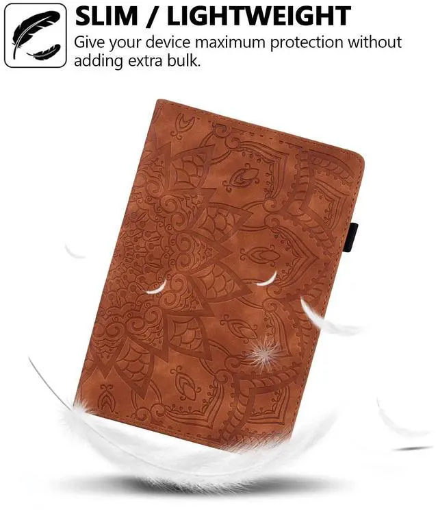Alt view image 2 of 5 - Case for Amazon Fire 7" 2022 12th Generation, Techcircle Mandala Embossed PU Leather Folio Stand Soft TPU Back Cover Slim Lightweight Elastic Band Protective Case with Card Slots & Pen Holder, Brown