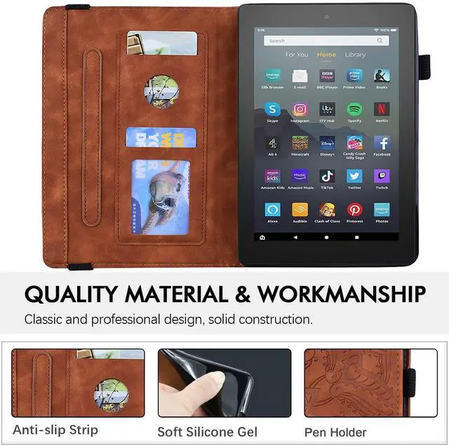 Alt view image 3 of 5 - Case for Amazon Fire 7" 2022 12th Generation, Techcircle Mandala Embossed PU Leather Folio Stand Soft TPU Back Cover Slim Lightweight Elastic Band Protective Case with Card Slots & Pen Holder, Brown