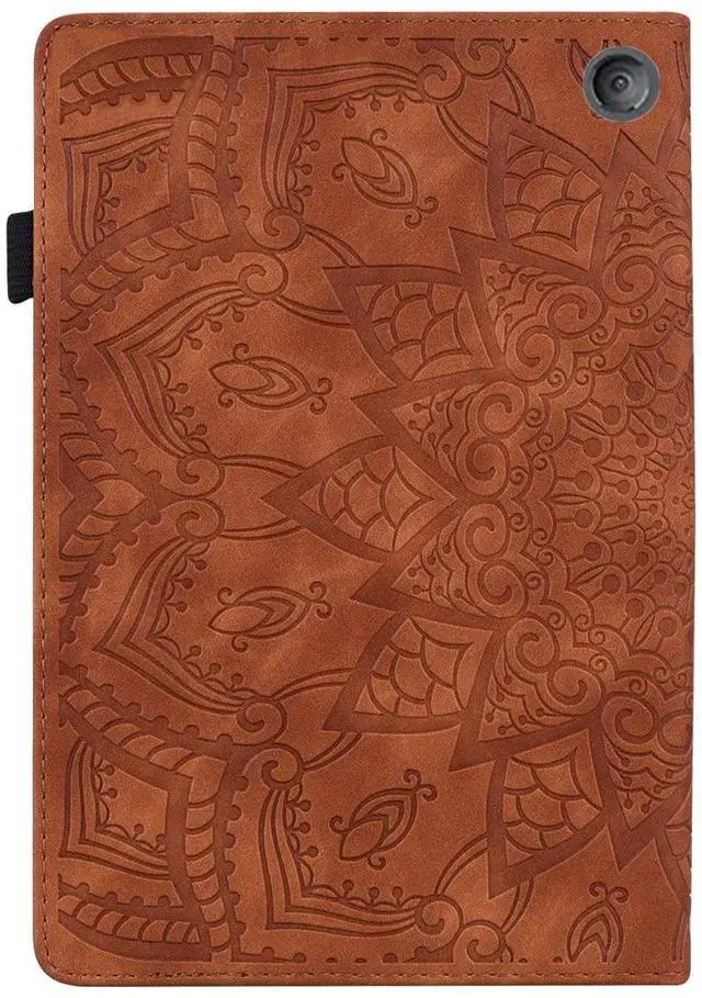 Alt view image 4 of 5 - Case for Amazon Fire 7" 2022 12th Generation, Techcircle Mandala Embossed PU Leather Folio Stand Soft TPU Back Cover Slim Lightweight Elastic Band Protective Case with Card Slots & Pen Holder, Brown
