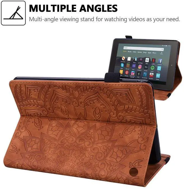 Alt view image 5 of 5 - Case for Amazon Fire 7" 2022 12th Generation, Techcircle Mandala Embossed PU Leather Folio Stand Soft TPU Back Cover Slim Lightweight Elastic Band Protective Case with Card Slots & Pen Holder, Brown
