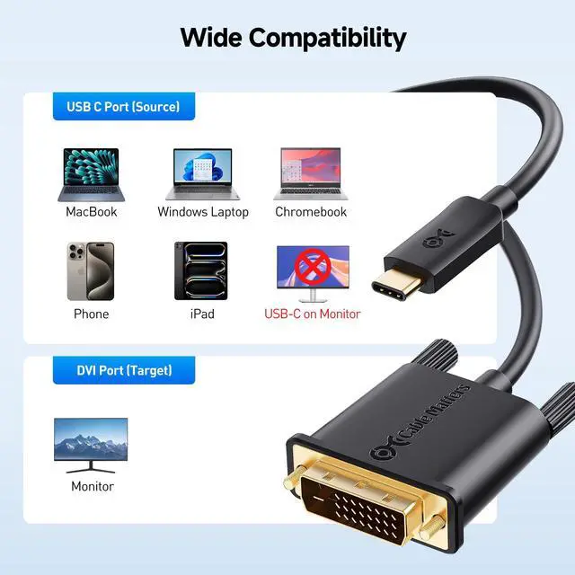 Alt view image 5 of 5 - Cable Matters USB C to DVI Cable (USB-C to DVI Cable) 6 ft - Thunderbolt 4 / USB4 / Thunderbolt 3 Port Compatible with MacBook Pro, Dell XPS 13, 15, HP Spectre x360, Surface Pro
