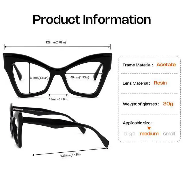 Alt view image 5 of 5 - VOOGLAM Cat Eye Spring Hinge Women's Non-Prescription Glasses with HD Clear Lenses in Black Acetate Frame