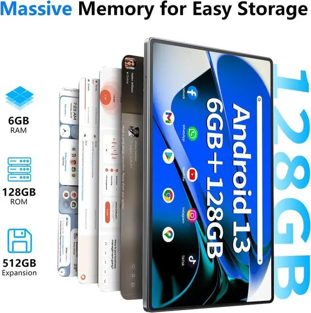 Alt view image 3 of 5 - Android Tablet 10.51 Inch with 6GB RAM 128GB ROM, Octa-Core 2.0Ghz Processor, 1920 * 1200 FHD IPS Touch Screen, 5MP+13MP Dual Camera, 6200mAh Battery, Android 13 Tablet, 5G WiFi, Bluetooth 5.0, GPS