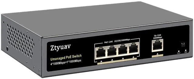 Main image of Ztyuav 5-Port Full Gigabit Unmanaged PoE Switch with 4 PoE+ Ports @75W and 1 Uplink Port-IEEE802.3af/at, PD Auto-Detection, VLAN Mode, Fanless Metal Network Switch Plug & Play