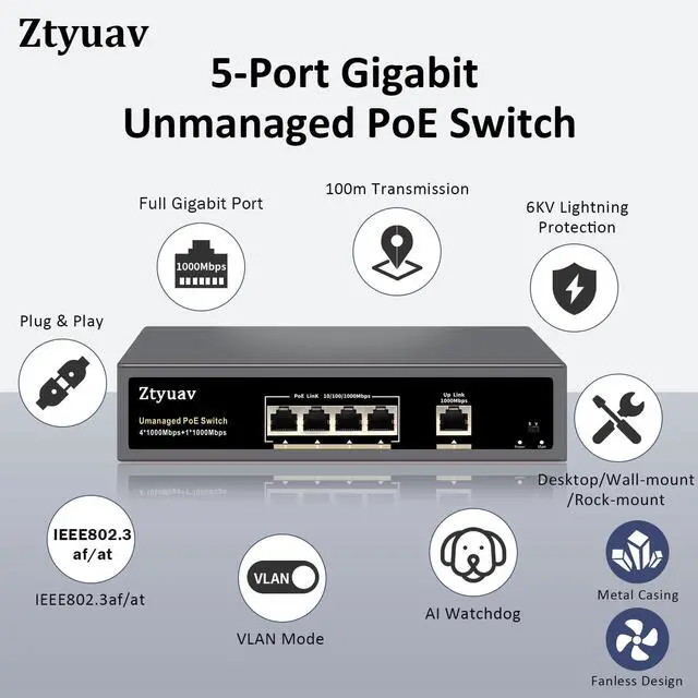 Alt view image 3 of 5 - Ztyuav 5-Port Full Gigabit Unmanaged PoE Switch with 4 PoE+ Ports @75W and 1 Uplink Port-IEEE802.3af/at, PD Auto-Detection, VLAN Mode, Fanless Metal Network Switch Plug & Play