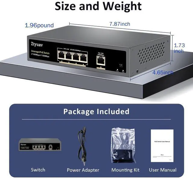 Alt view image 5 of 5 - Ztyuav 5-Port Full Gigabit Unmanaged PoE Switch with 4 PoE+ Ports @75W and 1 Uplink Port-IEEE802.3af/at, PD Auto-Detection, VLAN Mode, Fanless Metal Network Switch Plug & Play