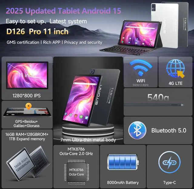 Alt view image 2 of 5 - Tablet 11 inch 2025 Latest Android 15 Tablet with Keyboard,128GB ROM 16GB RAM 1TB Expand,Octa-Core Tablets with 5G/2.4G WiFi Model 8000mAh Battery,Incell Big Screen,13MP+8MP Camera,Bluetooth 5.0,GPS