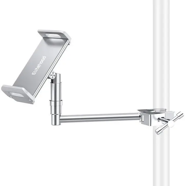 Main image of elitehood Aluminum iPad Holder for Mic Stand, Side Mount iPad Music Stand Holder for Microphone, 360° Swivel Tilt Adjustable Mic Tablet Mount for 4-13in iPhone, Cell Phones and Tablets, Sliver